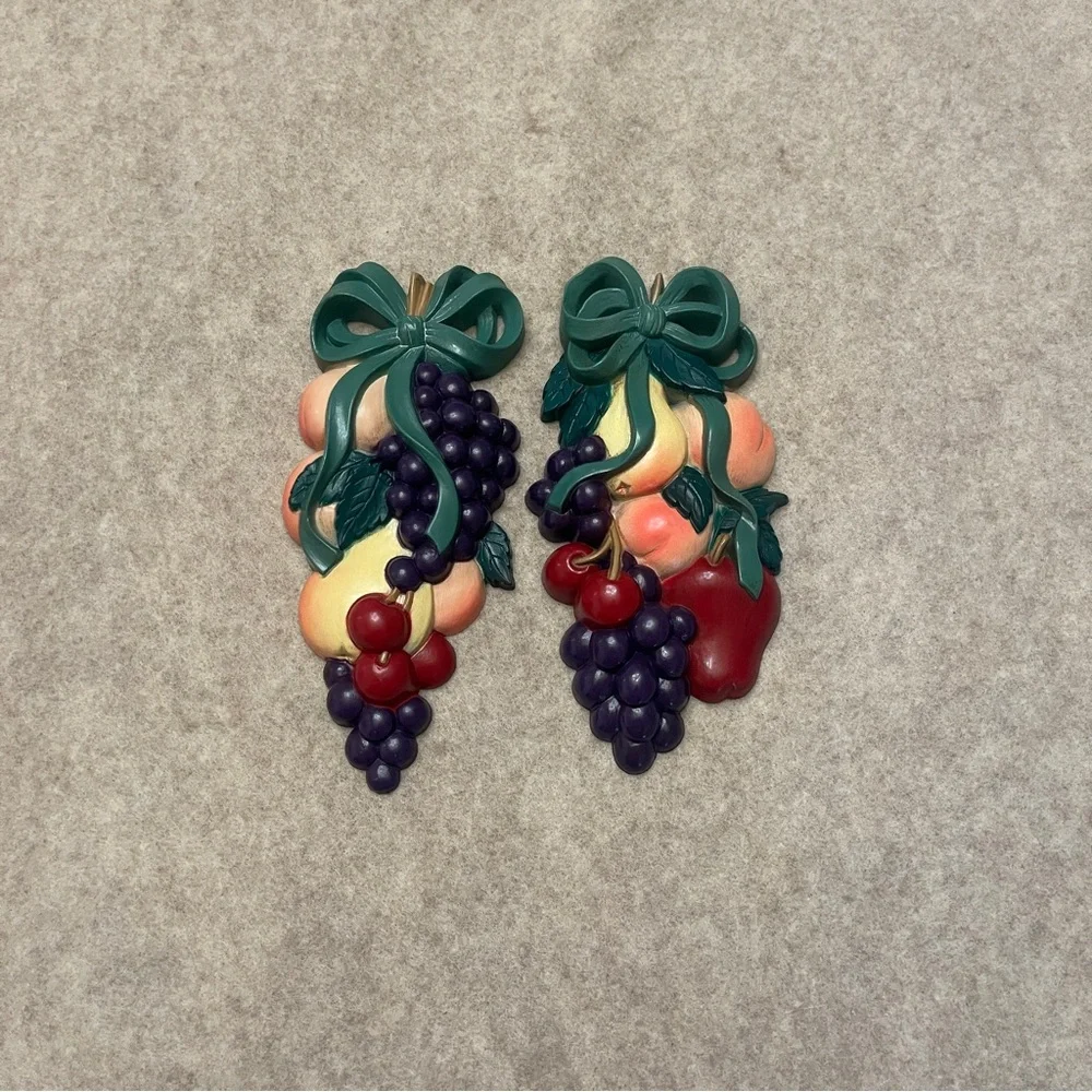 Vintage 90’s Burnwood Home Interior MCM Retro Set of 2 Fruit Wall Decor Plaques
